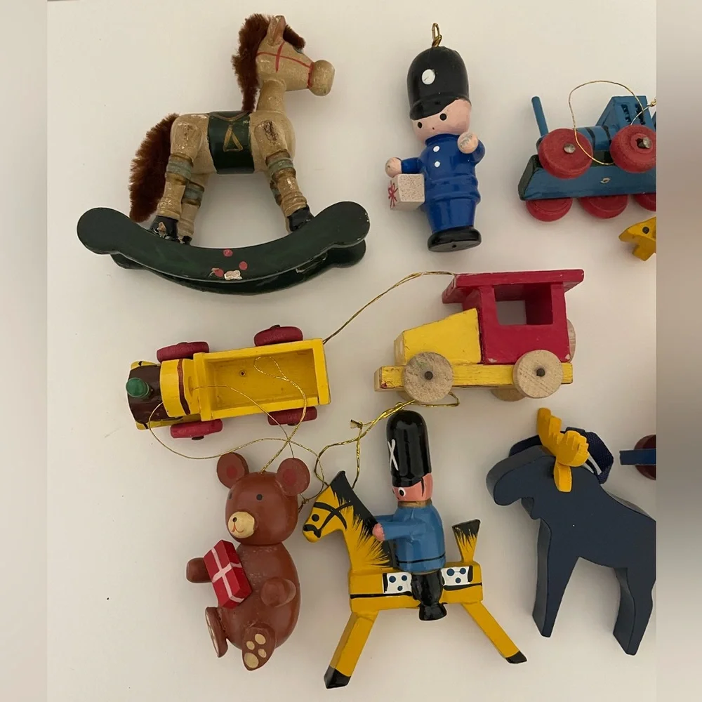 Vintage 1970s/80s Wood Christmas Ornament Lot Kid Theme